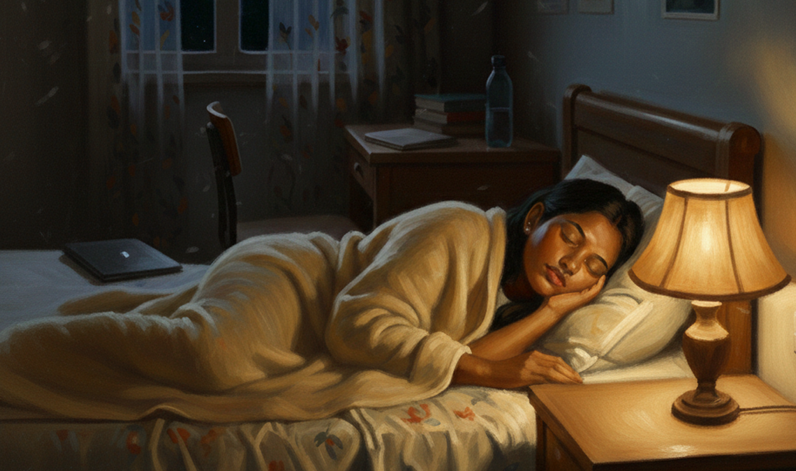 Woman sleeping peacefully in bed at night beside a softly glowing bedside lamp.