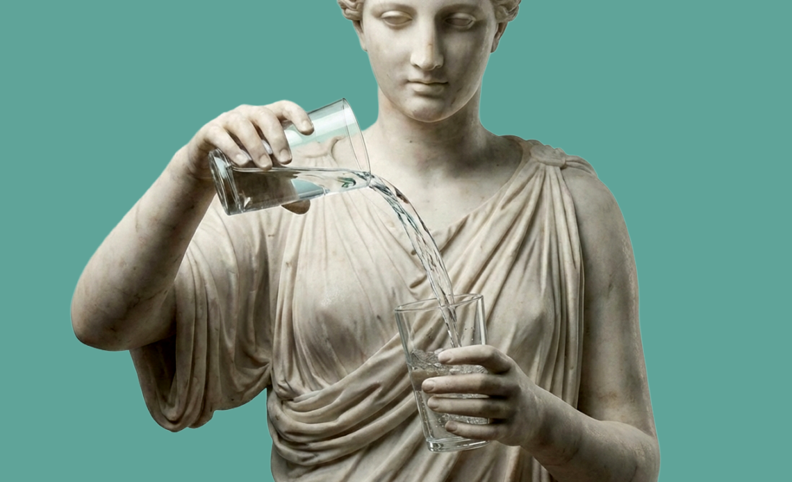 Classical statue pouring water from one glass into another, representing the importance of hydration.