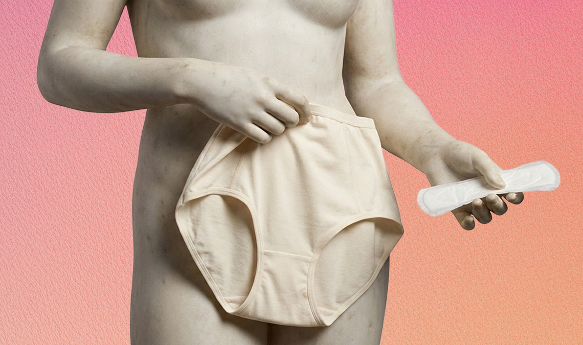 Statue-like figure holding underwear and a sanitary pad against a pink background, symbolising the transition into menstruation and period care.