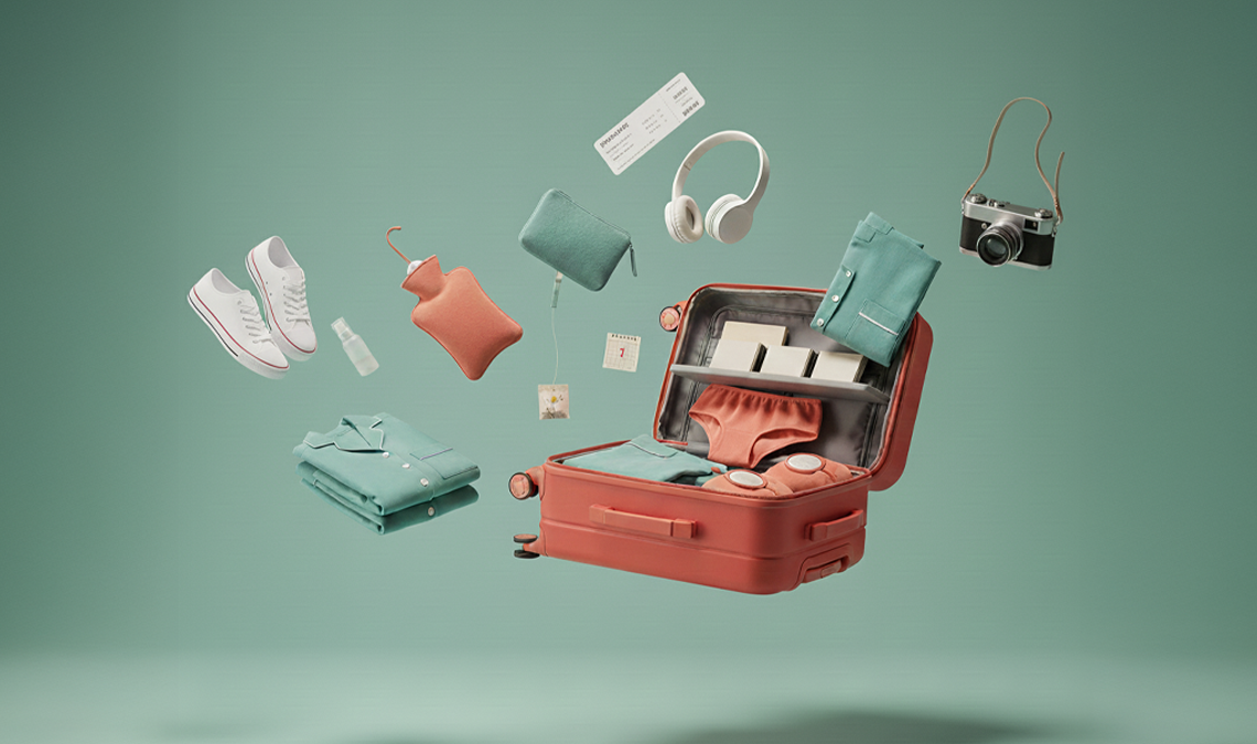 Open suitcase with neatly packed clothes and travel essentials floating around it, including headphones, sneakers, and a hot water bottle, representing period preparation while travelling.