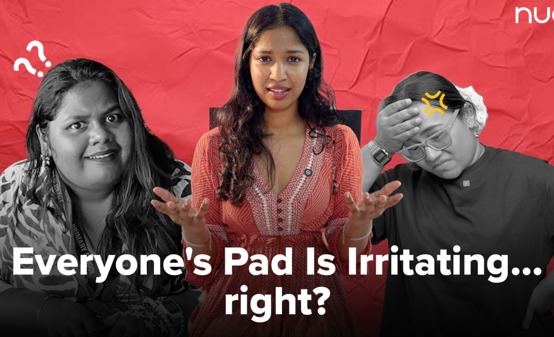 Close-up thumbnail showing three women with confused and uncomfortable expressions, alongside text suggesting irritation from sanitary pads.