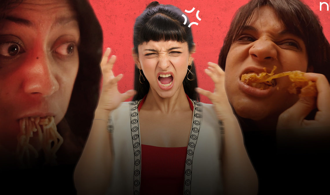 Collage of three women against a red background showing intense food cravings and irritation: one eating noodles, one shouting with irritation, and one biting into fried food. Nua logo in the top-right corner.