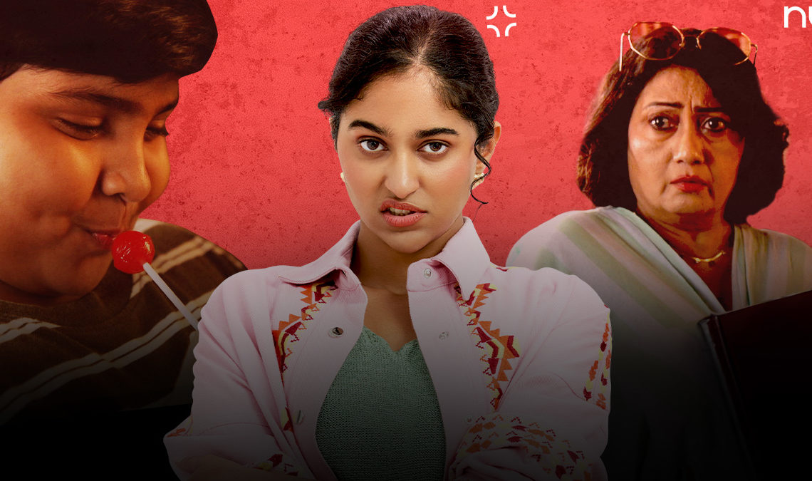 Collage of three people against a red background: a child eating a lollipop, a young woman with an irritated expression and crossed arms, and an older woman looking concerned while holding a folder.