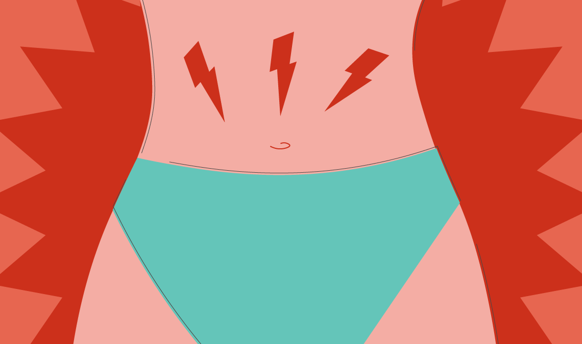 Illustration of a person’s lower abdomen in teal underwear, with red lightning bolts and jagged red shapes around the waist symbolizing severe menstrual cramps or pain.