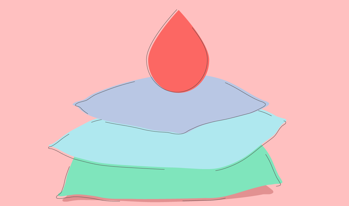 Illustration of a drop placed over stacked pillows, symbolising sleep and rest linked to melatonin.