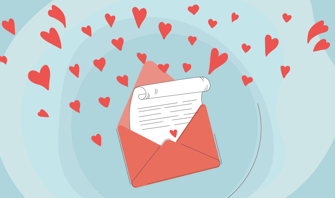 Illustration of an open envelope with a letter inside, surrounded by hearts, symbolising romantic feelings.