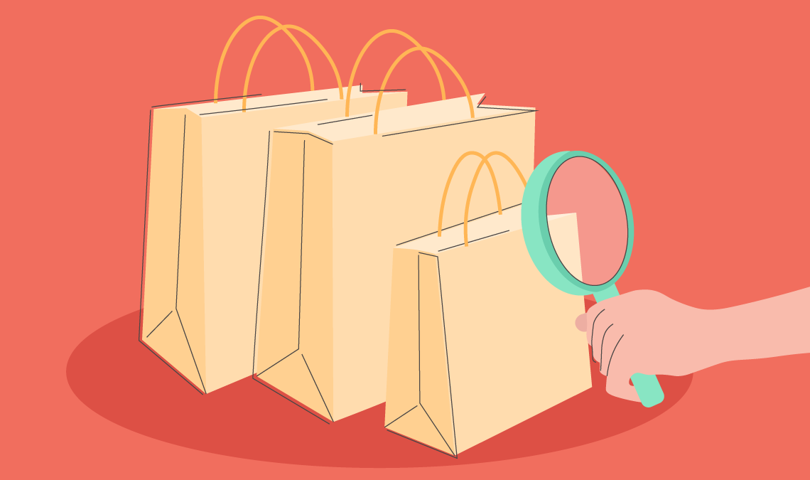 Illustration of shopping bags being inspected with a magnifying glass, representing impulse buying or decision-making during PMS.