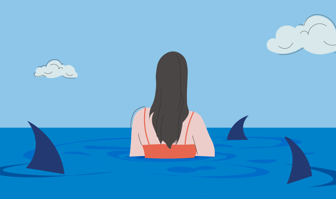 Illustration of a woman standing in ocean water viewed from behind, surrounded by shark fins, representing the myth or fear that periods attract sharks or animals.
