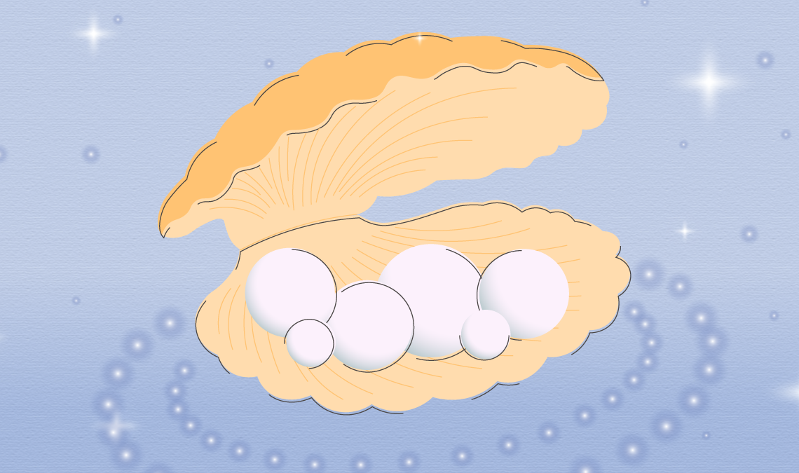 Illustration of an open shell holding several pearl-like spheres, symbolising postpartum blood clots in a soft, metaphorical way.