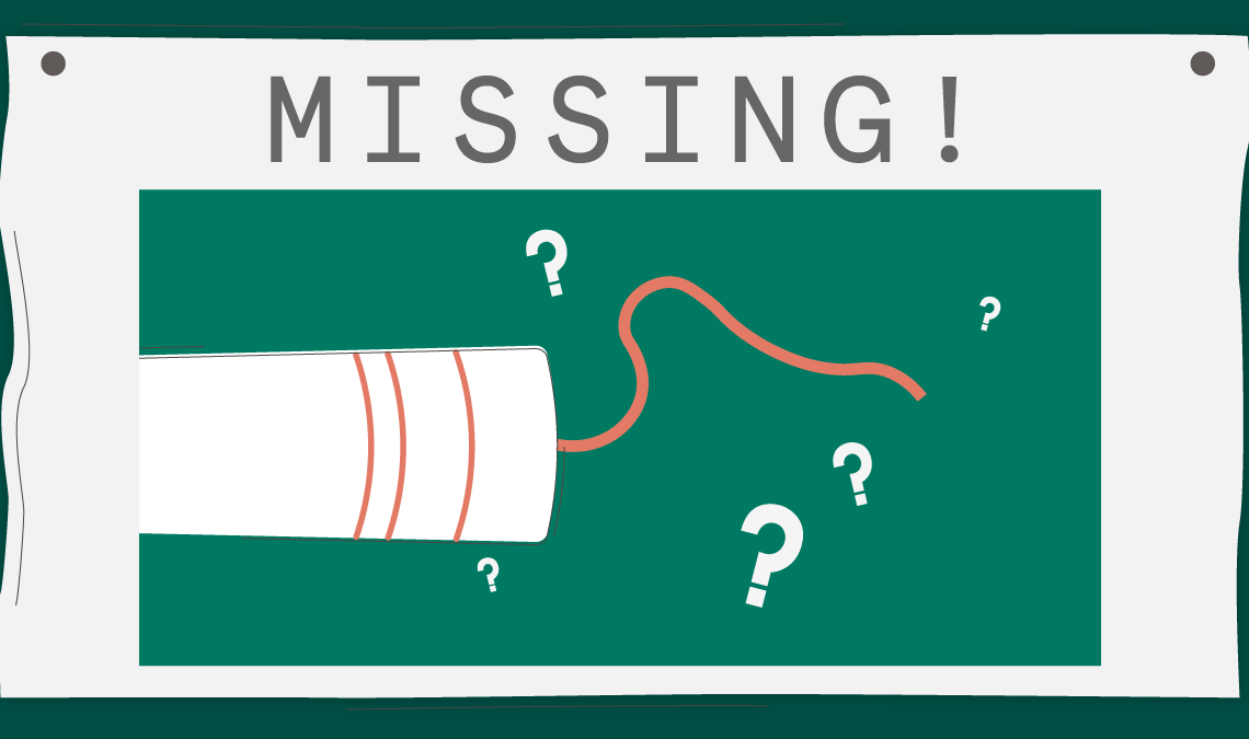 Illustration of a “Missing!” poster featuring a tampon with its string hidden from view, surrounded by question marks, representing concern about a lost tampon string.