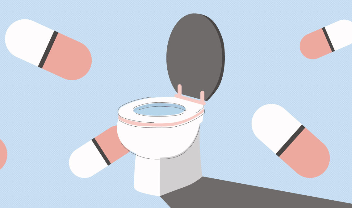 Illustration of a toilet with its lid open, surrounded by capsule-shaped pills, representing medication or treatment for urinary or health issues.
