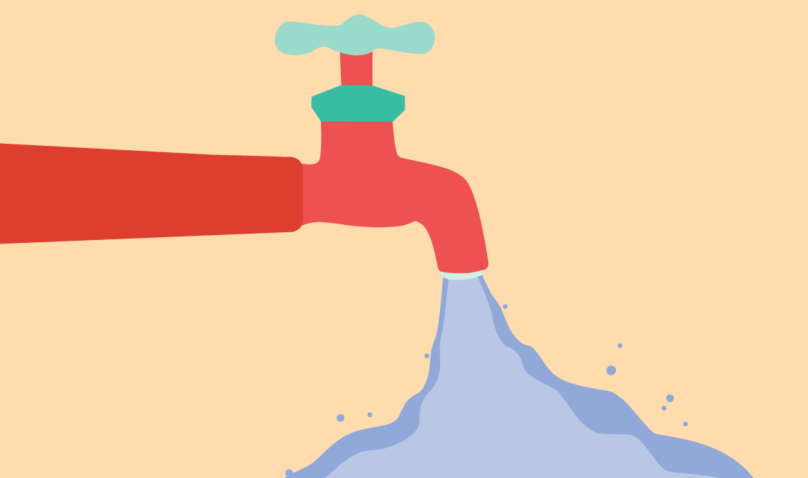 Illustration of a running tap with flowing water, symbolising leakage and loss of control, commonly used as a visual metaphor for urinary incontinence.