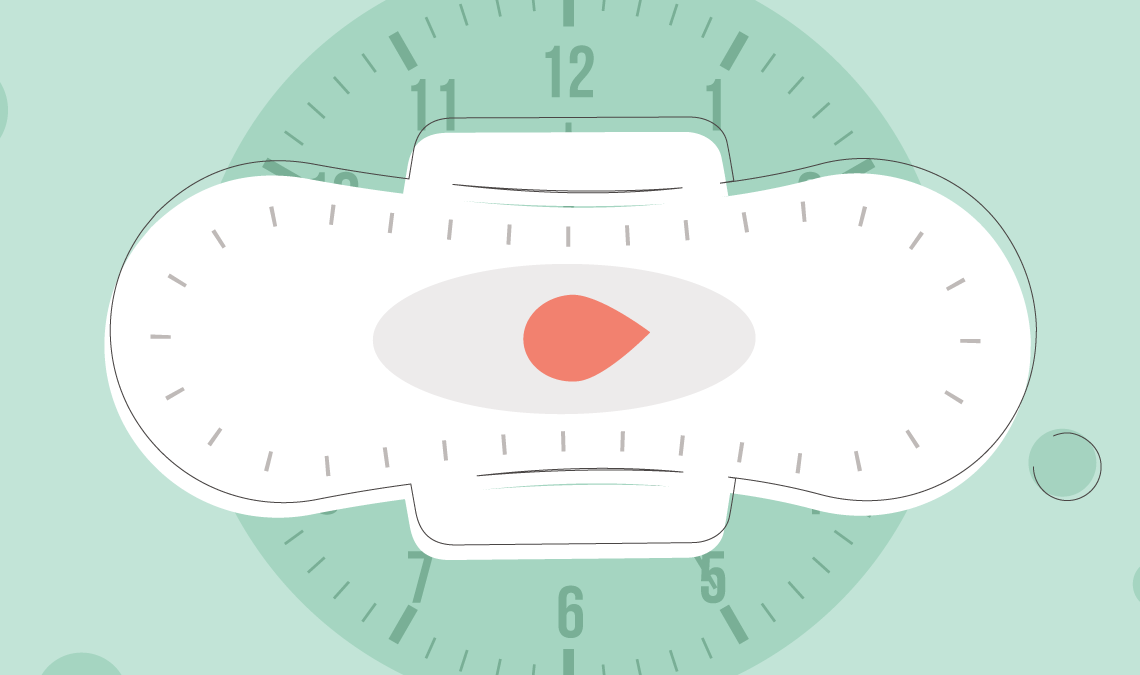 Illustration of a sanitary pad with a clock in the background, symbolising time and the importance of not reusing pads.