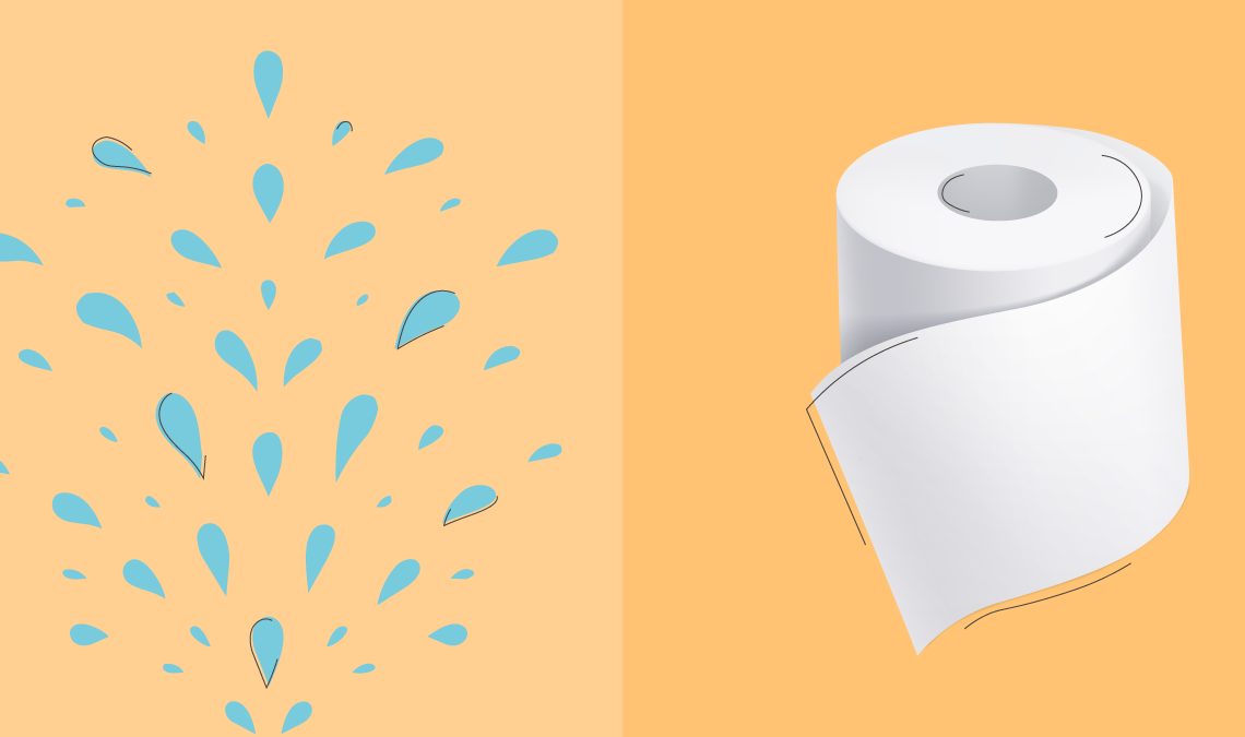 Split illustration showing water splashes on one side and a roll of toilet paper on the other, representing a comparison between washing with water and using toilet paper.