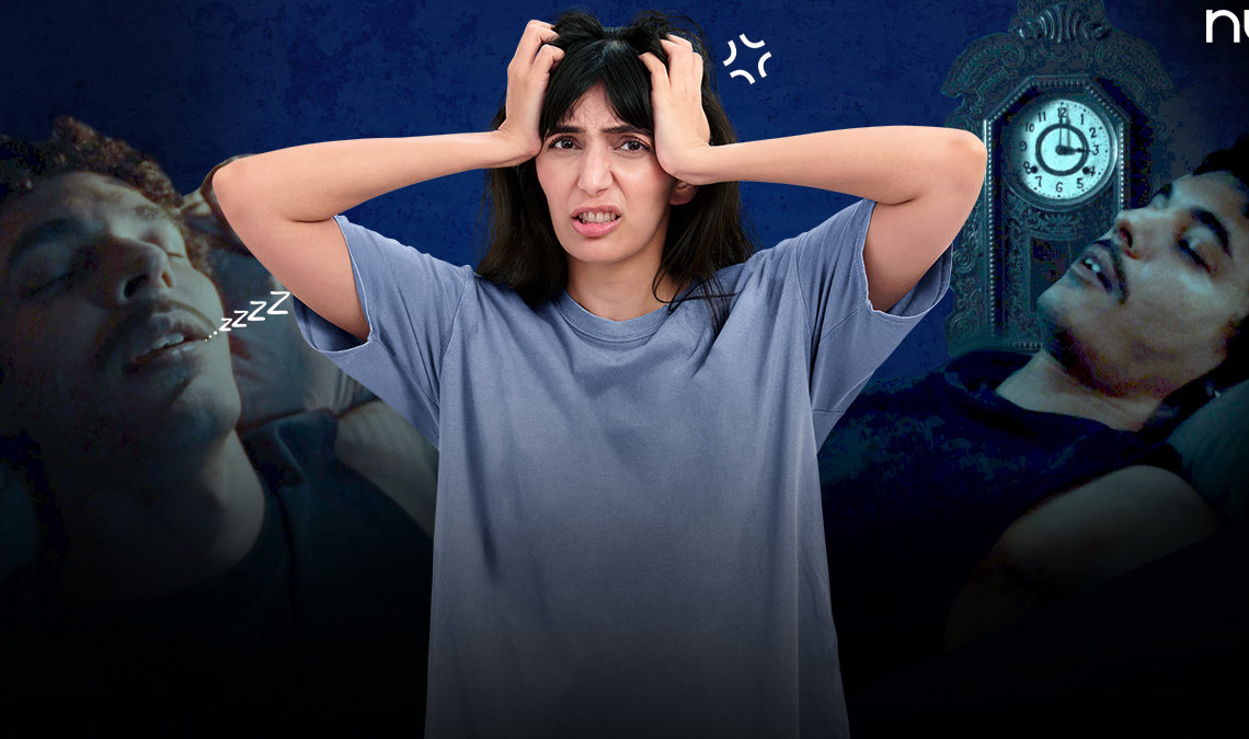 Woman holding her head in frustration against a dark blue background, with faded scenes of sleeping and waking at night behind her, illustrating sleep disturbance or insomnia