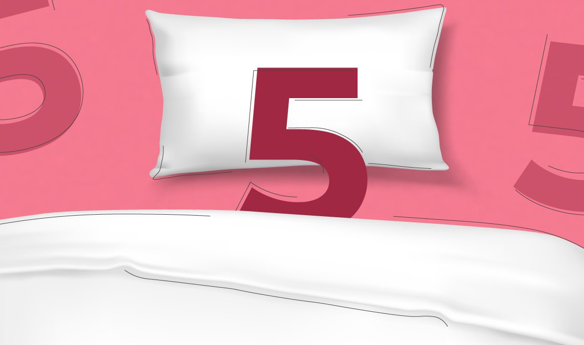 White pillow and bed illustration on a pink background with large number fives, representing the postpartum 5-5-5 recovery rule.
