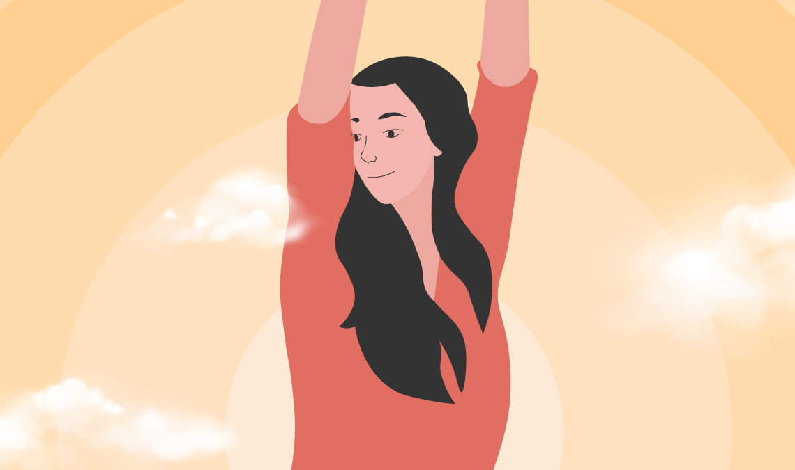 Illustration of a smiling woman stretching her arms upward against a warm-toned background with soft clouds, representing freshness, confidence, or body odour awareness.