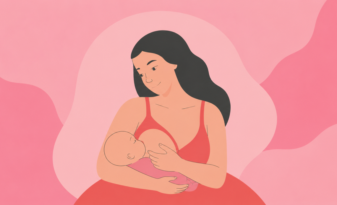 Illustration of a mother breastfeeding a baby against a soft pink background, representing nursing, bonding, or breastfeeding support.