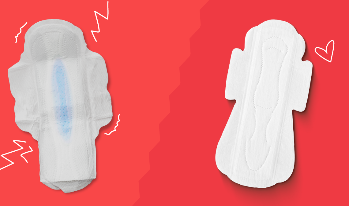 Two sanitary pads displayed side by side on a red background, illustrating a comparison between different period products.