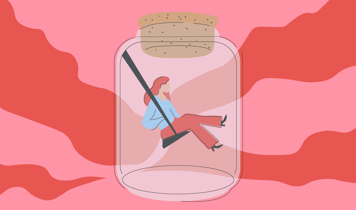 Illustration of a woman seated inside a glass jar against a pink abstract background, symbolizing emotional isolation, depression, or feeling trapped.