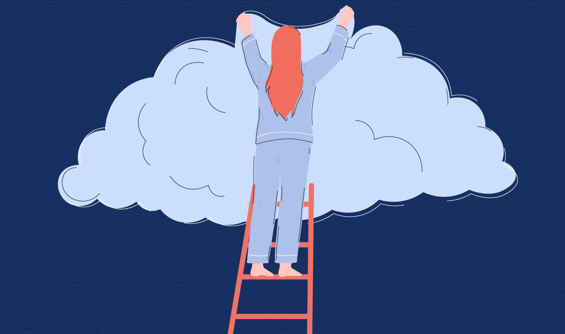 Illustration of a person standing on a ladder and pulling a blanket over a cloud against a dark blue background, symbolizing sleep, dreams, or nighttime routines.