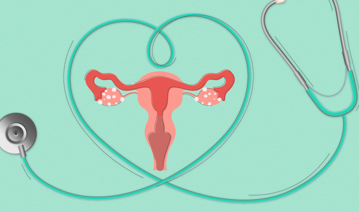 Illustration of a uterus framed by a stethoscope shaped like a heart, representing gynecological health and medical care.