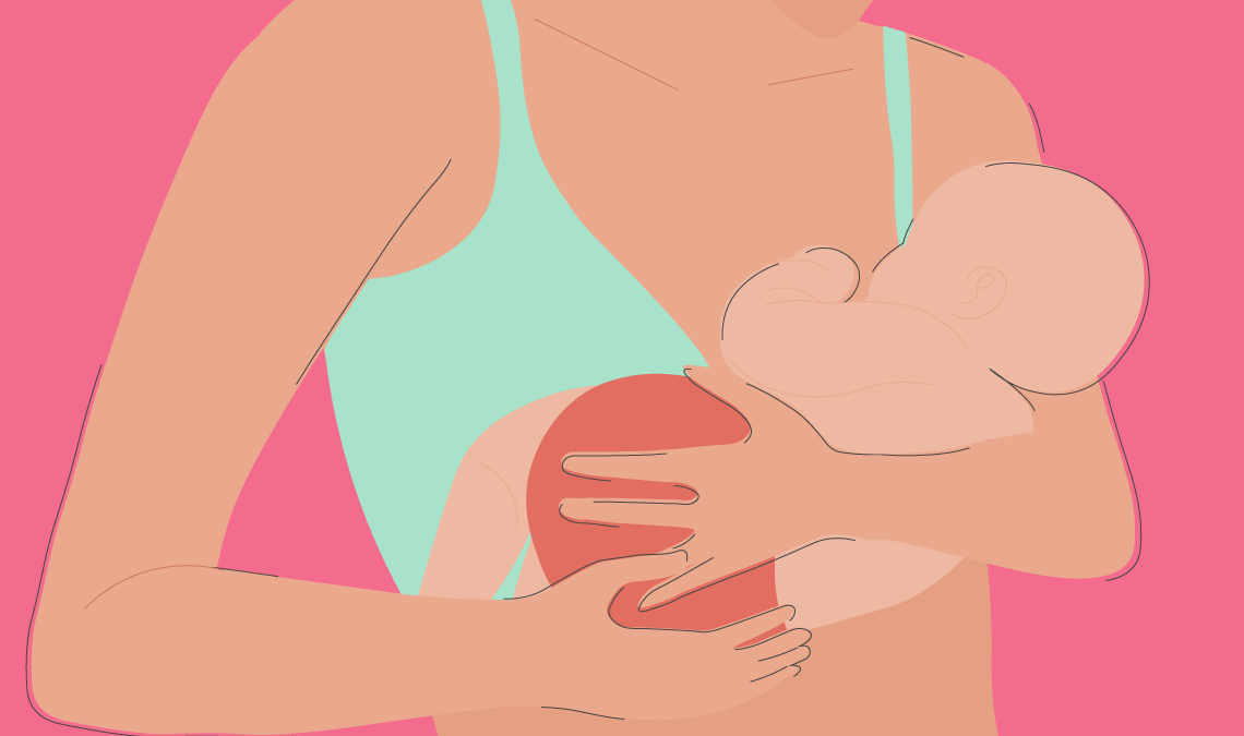 Illustration of a parent breastfeeding a baby while holding a red jar, representing nipple butter or breastfeeding care products.