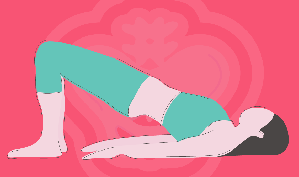 Minimal illustration of a person lying on their back performing a pelvic bridge exercise, wearing teal clothing against a pink background.