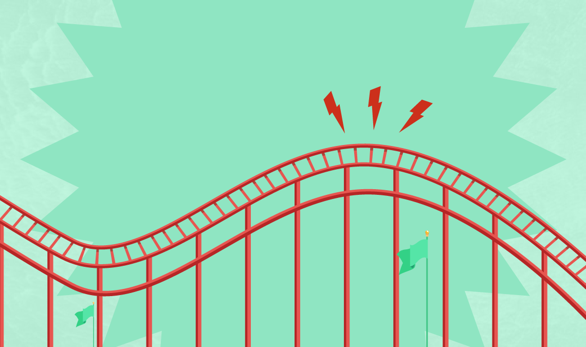 Illustration of a roller coaster track with red lightning bolts above the peak, symbolizing the ups and downs of menstrual cramps or prostaglandin-related pain.