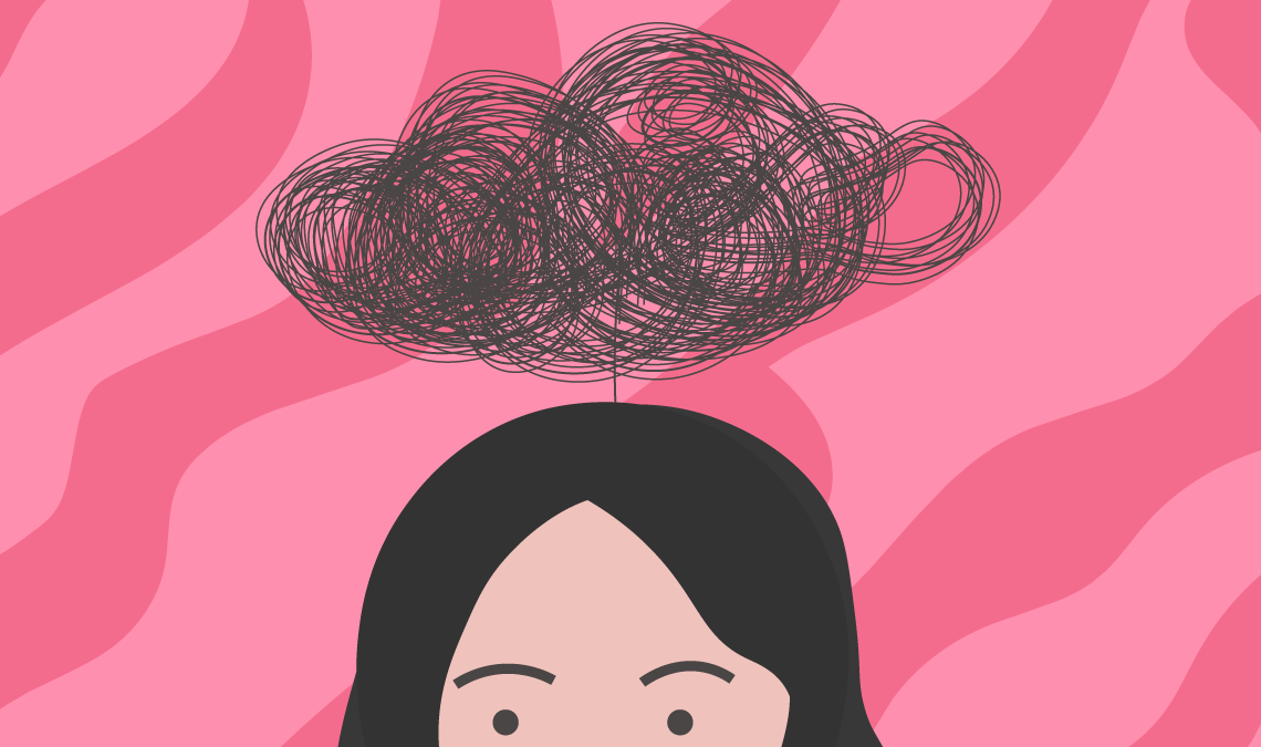 Illustration of a woman with a dark scribble cloud above her head, symbolizing stress, overwhelm, or mental load against a pink patterned background.