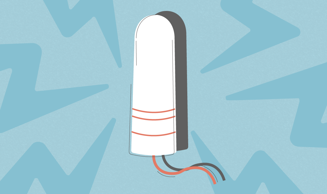 Illustration of a tampon against a blue background with zigzag shapes, representing tampon use or forgotten tampon awareness.