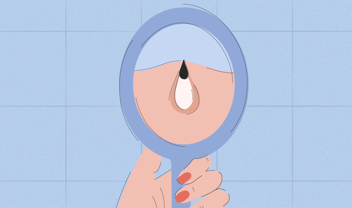 Hand holding a mirror reflecting a close-up of a nose with a visible blackhead, representing skincare and clogged pores.