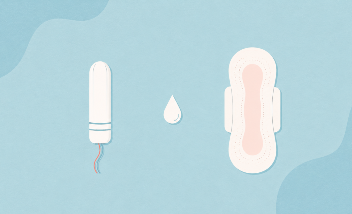 Illustration of a tampon and sanitary pad separated by a droplet on a light blue background, representing a comparison of period products.