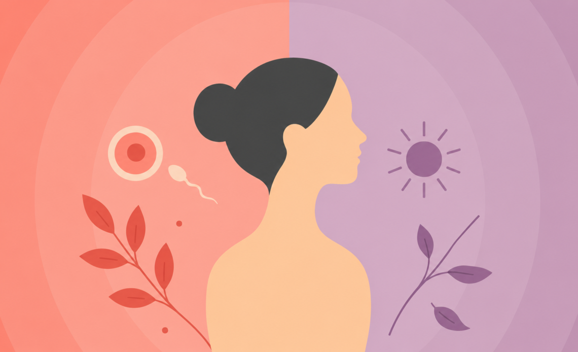 Illustration representing the transition from fertility to menopause, with a woman’s silhouette between reproductive and hormonal life stages.