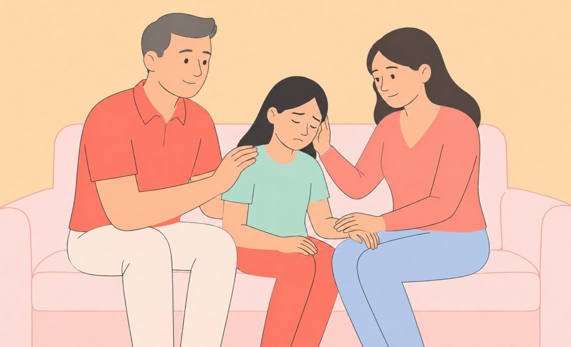 Illustration of a young girl sitting sadly on a couch while her parents comfort her, with her mother holding her face and her father placing a reassuring hand on her shoulder.