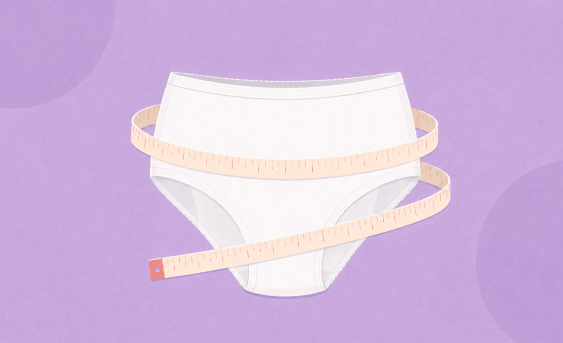 Illustration of disposable period underwear wrapped with a measuring tape against a purple background, representing sizing, fit, or choosing the correct period underwear size.