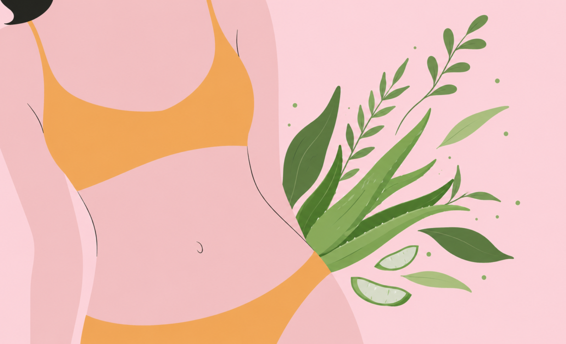 Illustration of a woman’s midsection in yellow underwear, surrounded by green botanical leaves and aloe vera slices on a soft pink background, symbolizing natural intimate care and skin-friendly ingredients.