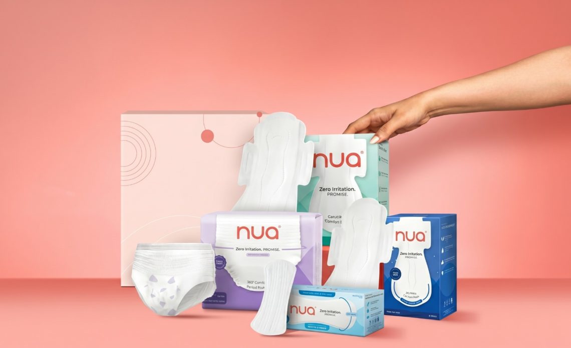 Collection of Nua menstrual care products, including pads, liners, period underwear, and period panties, displayed against a pink background with a hand holding a product box.