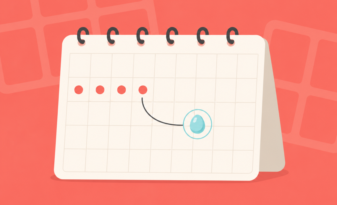 Illustration of a calendar showing period days with a highlighted blue droplet later in the cycle, representing ovulation tracking after menstruation.