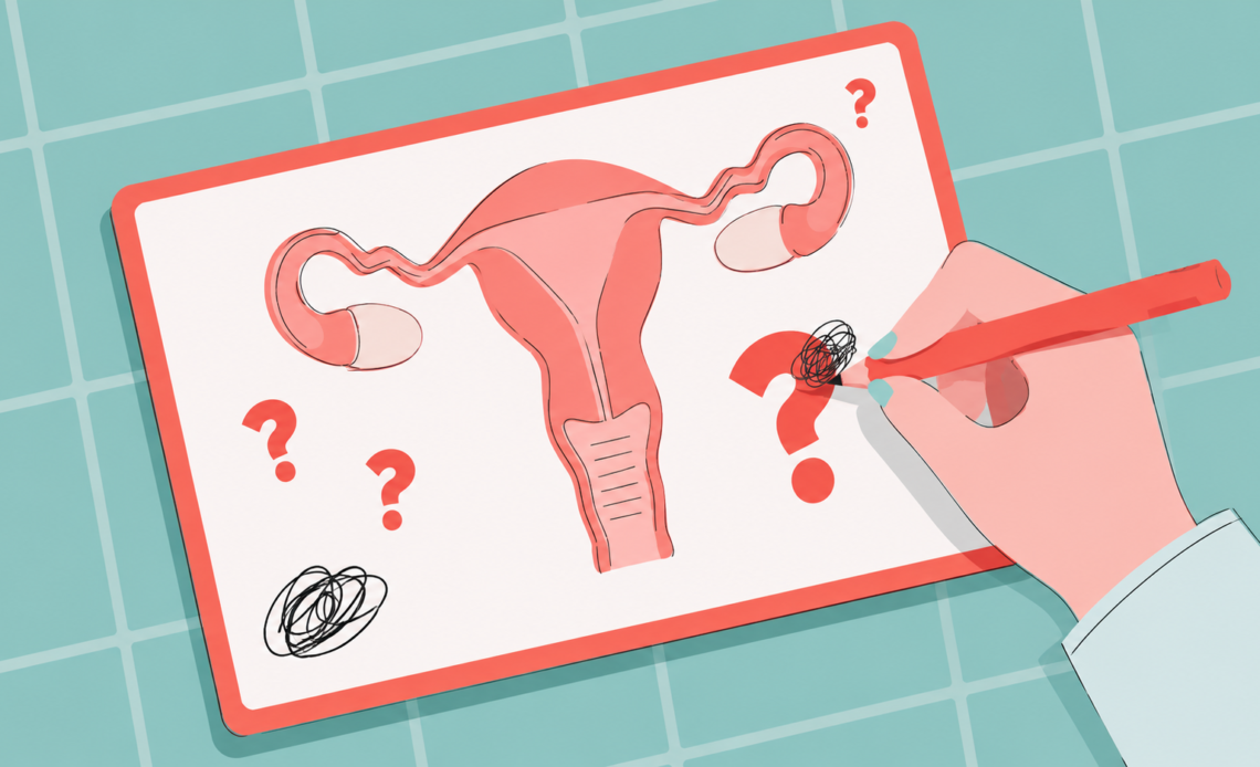 Illustration of a uterus diagram on a clipboard with question marks and a hand drawing over one of them, representing uncertainty or misconceptions about PMOS and reproductive health.