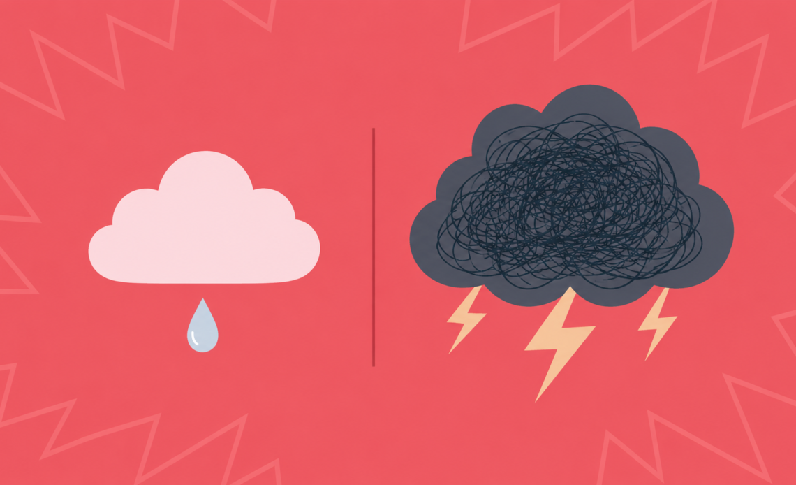 Illustration comparing normal irritability and PMS rage: a small rain cloud with a single raindrop on one side and a dark storm cloud with lightning bolts and tangled scribbles on the other, against a pink background.