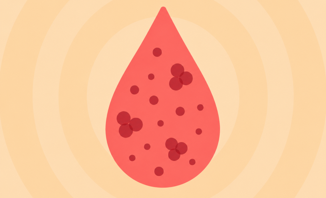 Illustration of a blood droplet containing multiple dark red clots, representing period blood clots.