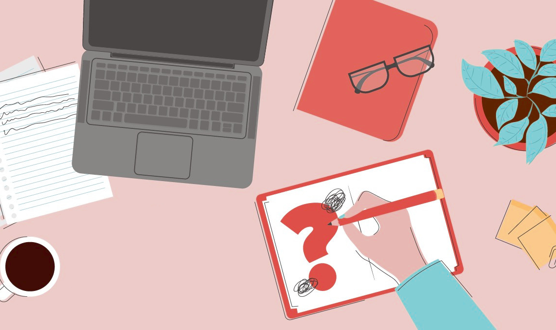 Illustration of a work desk with a laptop, notebook, coffee cup, and a tablet displaying a large question mark, symbolizing confusion or difficulty concentrating due to period discomfort at work.