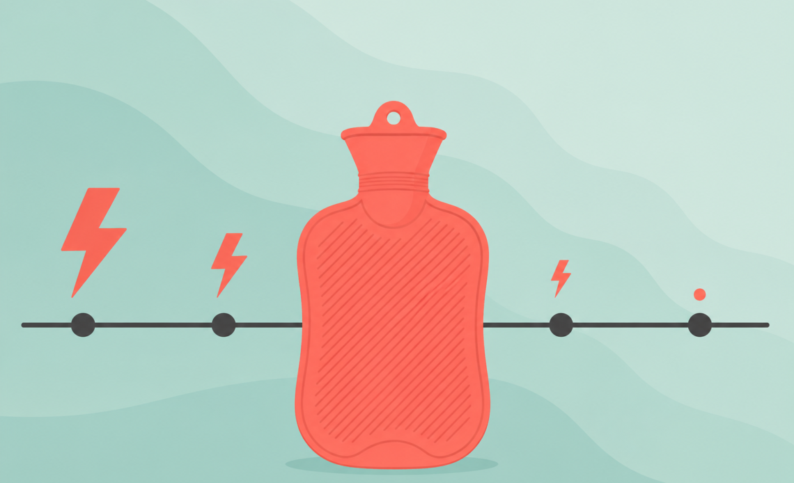 Illustration of a hot water bag placed over a timeline with lightning bolts, symbolizing period cramps occurring at different points in the menstrual cycle.