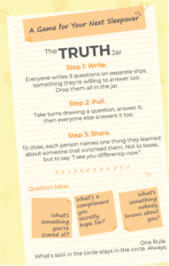 Illustrated zine activity page for a sleepover game called “The Truth Jar,” with step-by-step instructions and sample personal questions written on sticky notes.