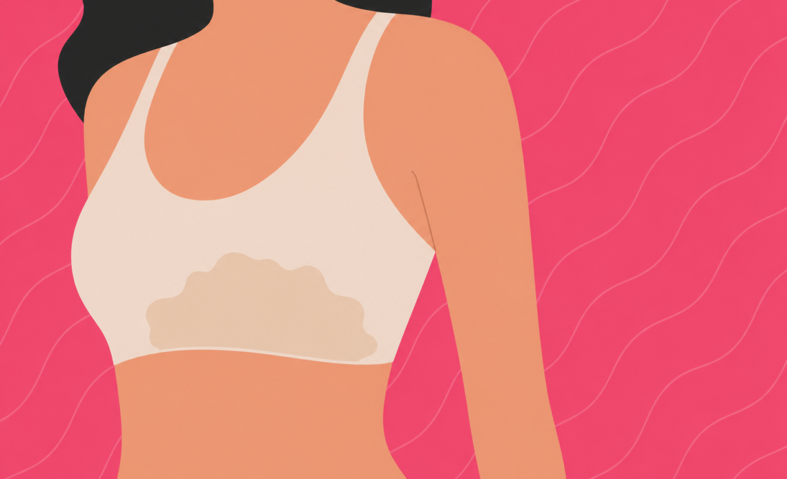 Illustration of a woman wearing a light-colored bra with a damp stain visible on the fabric against a pink background, representing nipple discharge, milk leakage, or breast-related fluid concerns.