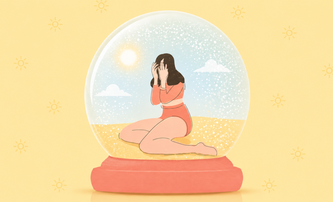Illustration of a woman sitting inside a glass dome under a bright sun, covering her face, representing feeling overwhelmed by heat.
