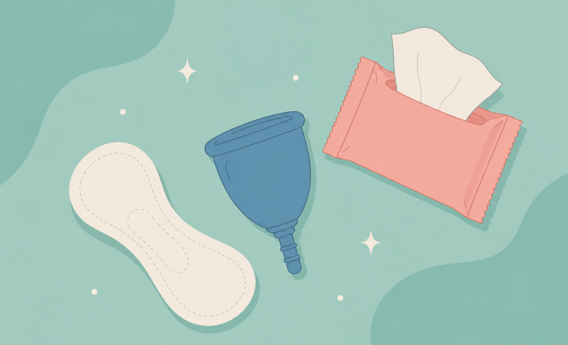 Illustration of three menstrual hygiene products—a panty liner, menstrual cup, and packet of intimate wipes—displayed on a mint-green background, representing different period care and hygiene options.