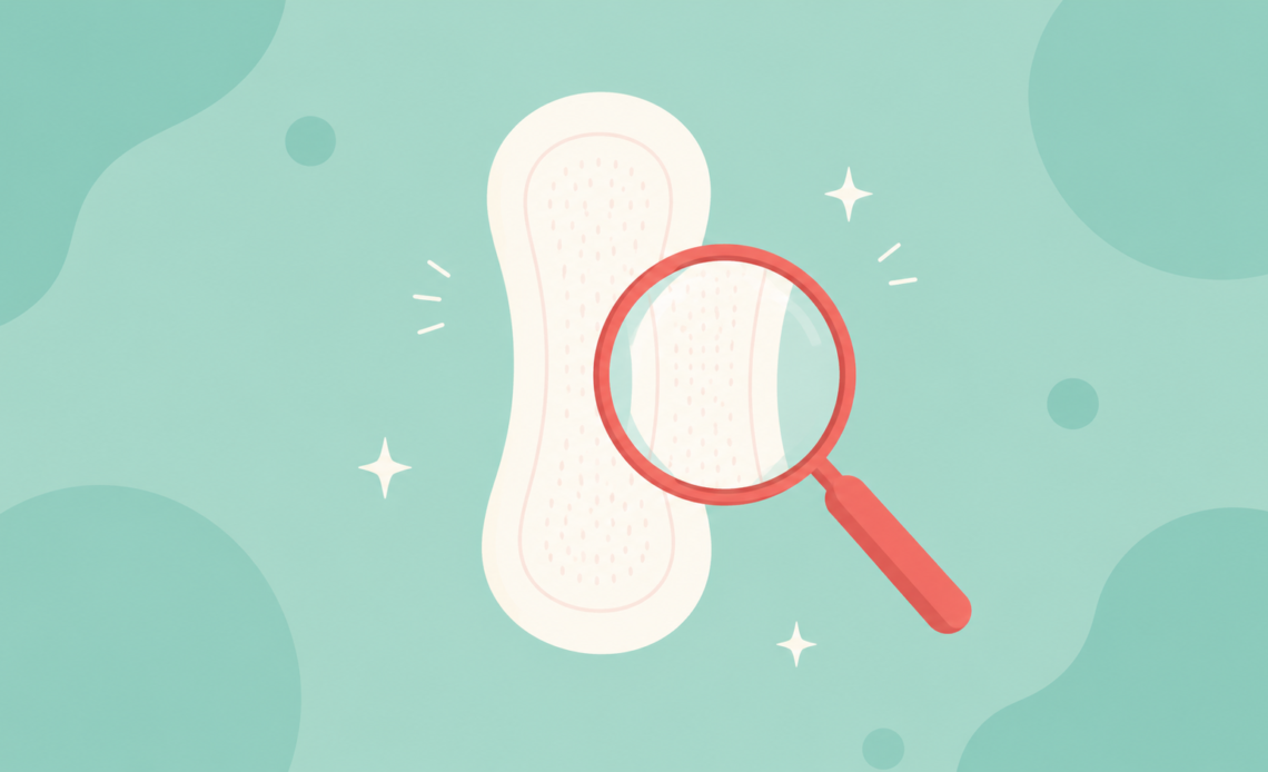 Illustration of a panty liner being examined with a magnifying glass on a mint-green background, representing product inspection, ingredient transparency, or a closer look at menstrual hygiene products.