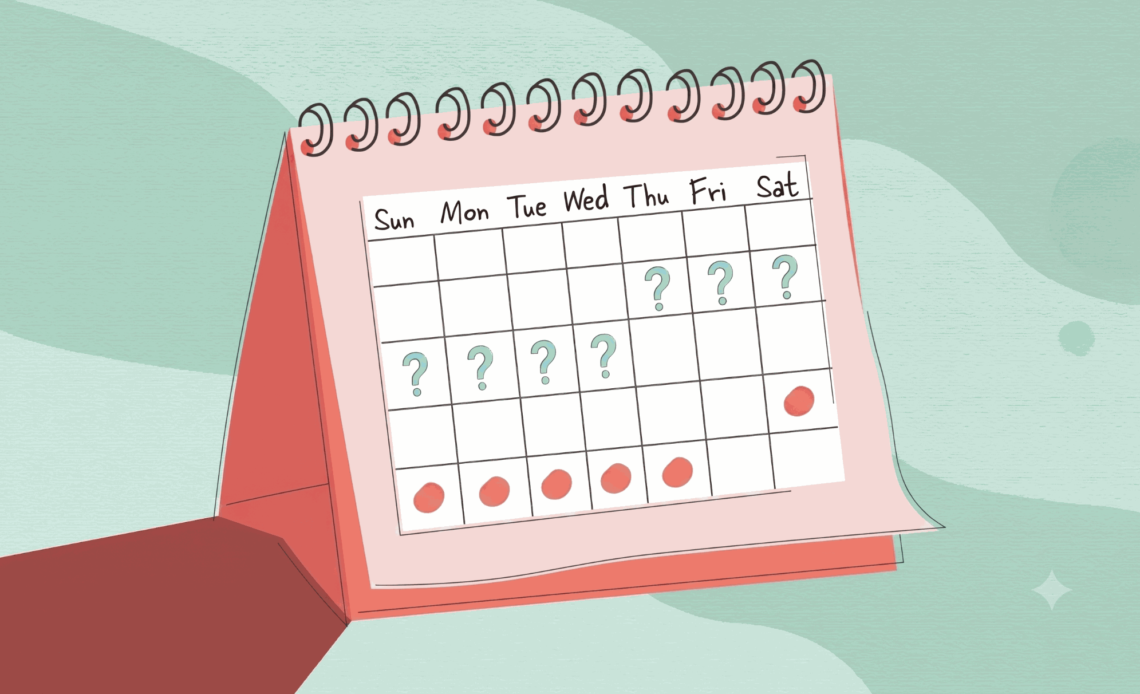 Illustration of a calendar with question marks and period markers, representing an irregular menstrual cycle caused by anovulation.